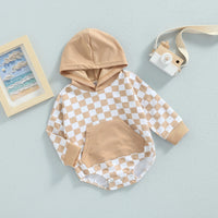 Plaid Long Sleeve Hooded Panda Bag Romper