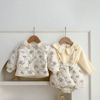 Winter Korean Style Baby Girl Floral Suit Lace Pocket Strap Romper Outwear Warm Two-piece Suit