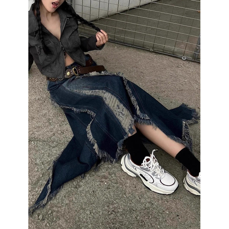 European And American Style Irregular Wool Tassel Tassel Denim Skirt