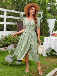 French-style Floral Print Womens Waist-Cinching Figure-Flattering Square-Neck Puff-Sleeve Midi Dress
