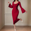 Women's Solid Color Slim Fit Square Neck Metal Buckle Knitted Dress