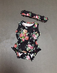 Dark Floral Set Infant Flower Print One-piece Romper Headwear