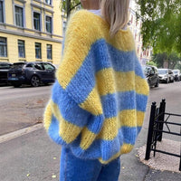 Women's Loose Gradient Stripes Contrast Color Crew Neck Pullover Sweater
