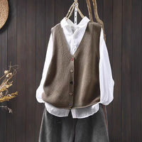 Spring And Autumn Outer Wear Solid Color And V-neck Color Buckle Knitted Cardigan Vest Vest For Women