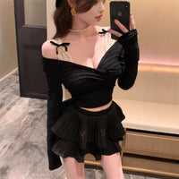 Fake Two-piece Lace-panel Off-shoulder Long-sleeve T-shirt