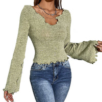 Women's Frayed Design Short Flare Sleeve Top