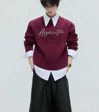 Fake Two-piece Design Thickened Sweater Pearl Embellished Knitted Top