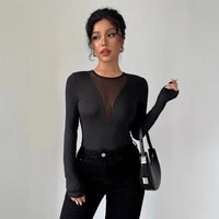 New Womens Sexy Front-chest Mesh-panel Hollow-out Long-sleeve Top