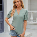 Womens Fashionable Loose Short-Sleeve Top With Bubble Sleeves And A V-Neck