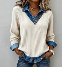 Womens Denim-Trim Patchwork Mock Two-Piece V-Neck Long-Sleeve Casual Top