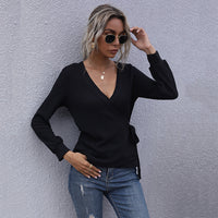 Long-sleeve Solid Color Slim-fit Commuter Black Pullover V-neck Base Layer T-shirt For Women