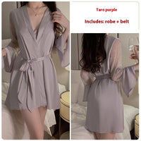 Plus Chest Pad Slim Fit Slip Nightdress Belt Outerwear Gown
