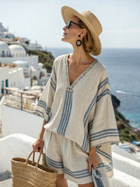Linen Striped Printed V-Neck Top And Shorts Set For Women