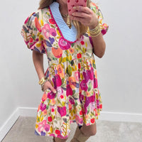 Versatile Floral Print Striped Trim Dress For Women