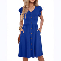 V-neck Solid Color Defined Waist Ruffle Sleeve Womens Fashion Mid-length Dress