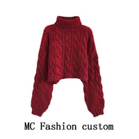 Turtleneck Pullover Short Cable-knit Sweater Women