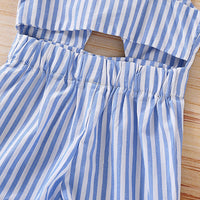 Girl's Blue Striped Bow Overalls