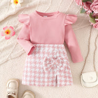 Girl's Long-sleeved Top With Plaid Bow Short Skirt Set