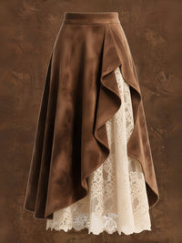 Womens Retro Western-Style Suede And Lace Patchwork Skirt
