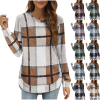 Women's Casual Loose Plaid Long Sleeve Round Neck Irregular Bottoming Shirt Top