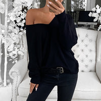 V-neck Lapsed Sleeves Loose Long-sleeved Top T-shirt For Women