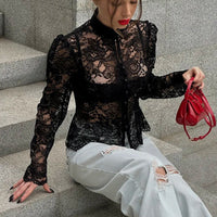 Women's Fashionable Sexy Stand Collar Lace Puff Sleeve Shirt