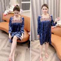 Long Sleeve Nightdress Women's Gold Velvet Home Wear Loose Plus Size Dress