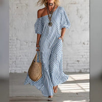 Printed Elegant Classic Striped Off-Shoulder Long Dress