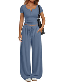 Women's Loungewear Short-Sleeve Top And Wide-Leg Pants Set