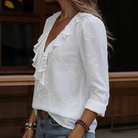 Women's Retro Ruffle-trimmed V-neck Shirt