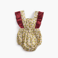 Floral Contrast Color Flounced Sleeve One-piece Baby Rompers Strap Matching