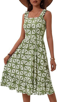 Womens Elegant Square-Neck Floral A-Line Sleeveless Dress