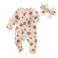 Spring And Autumn Flowers Full Printed Long-sleeved Jumpsuit