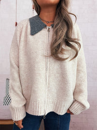 Cute Doll Collar Contrast Color Long Sleeves Zipper Casual Sweater