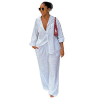 Turn-down Collar Loose-fit White Long-sleeve Shirt And Wide-leg Trousers Set