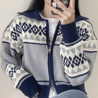 Lapel Contrast Color Jacquard Long Sleeve Zipper Sweater Coat For Women