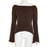 New Solid Color Slim-fit Bell Sleeve T-shirt With Boat Neck