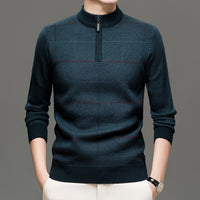 Mens Stylish Plaid Half-zip Knit Sweater