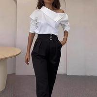 Womens High-neck Metal-buttoned Off-shoulder Blouse