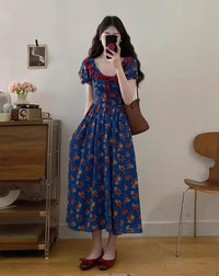 Womens Blue Square-Neck Floral Puff-Sleeve Dress