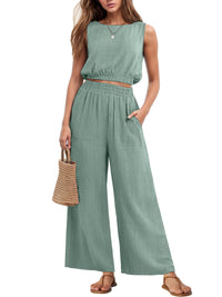 Womens Casual Round-Neck Sleeveless High-Waist Wide-Leg Two-Piece Set With Elastic Hem