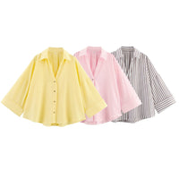 Women's Fashionable Slim-Fit Linen Multi-Color Striped Long-Sleeve Shirt