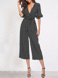Half sleeve V-neck polka dot print jumpsuit