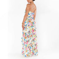 Womens Patchwork Ruffle-Trimmed Resort-Style Slip Dress