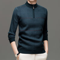 Mens Stylish Plaid Half-zip Knit Sweater