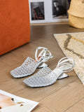 First Encounter Season Niche Design Wedge Heel Fishnet Hollow Women's Sandals, Retro Square Toe Woven Backless One-Strap Sandals