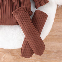 Girls Fashion Simple Sunken Stripe Long Sleeve Bowknot Siamese Triangle Romper With Long Socks