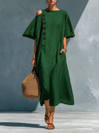Solid-color Linen Crew-neck Short-sleeve Casual Dress For Women