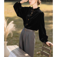 Womens Solid-Color Versatile Loose Velvet Shirt