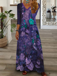 V-neck Long-sleeve Bohemian Peacock-print Floral Maxi Dress